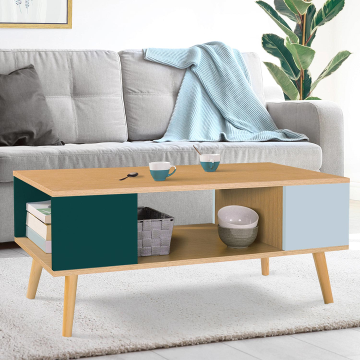 Table basse scandinave ALIZE bois, vert clair et vert foncé