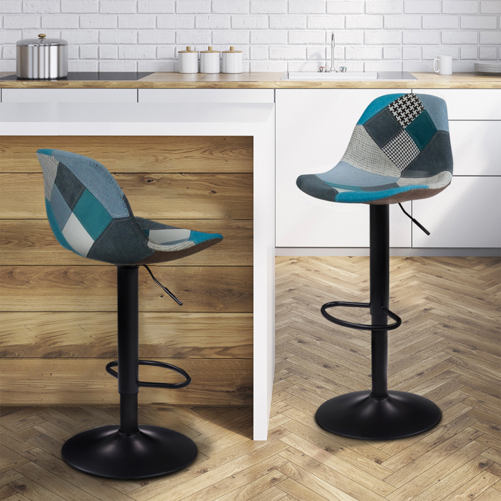 Lot de 2 tabourets de bar KARL design patchworks bleus pied noir