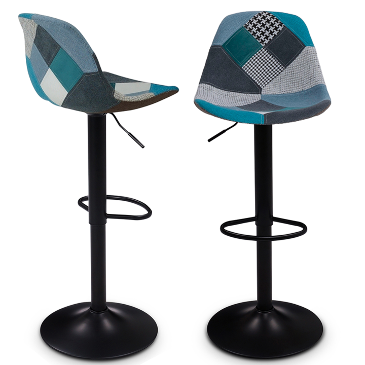 Lot de 2 tabourets de bar KARL design patchworks bleus pied noir