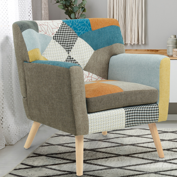 Fauteuil scandinave LIV en tissu patchwork multicouleur