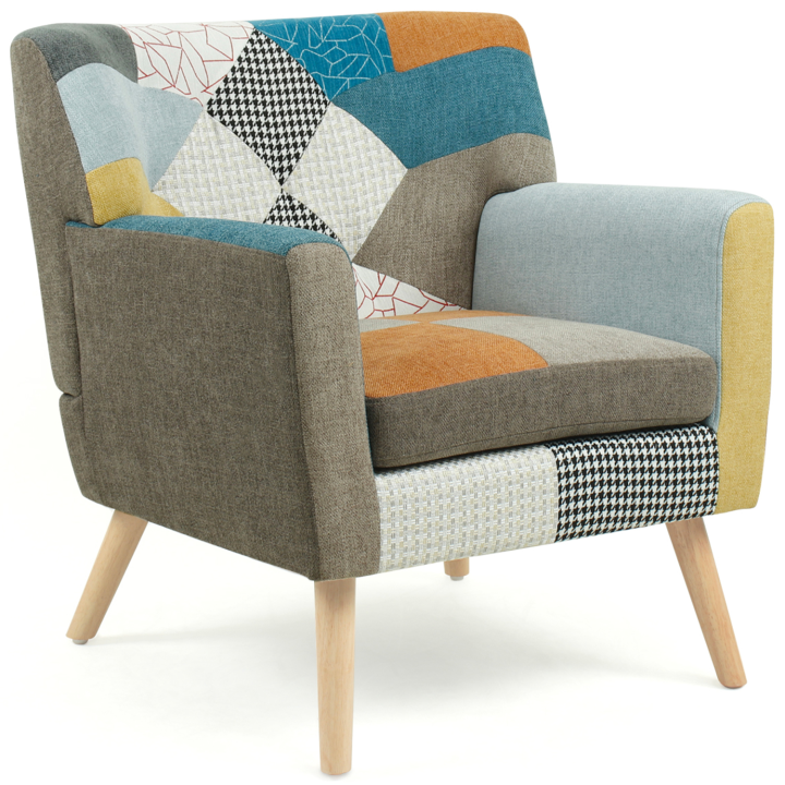 Fauteuil scandinave LIV en tissu patchwork multicouleur