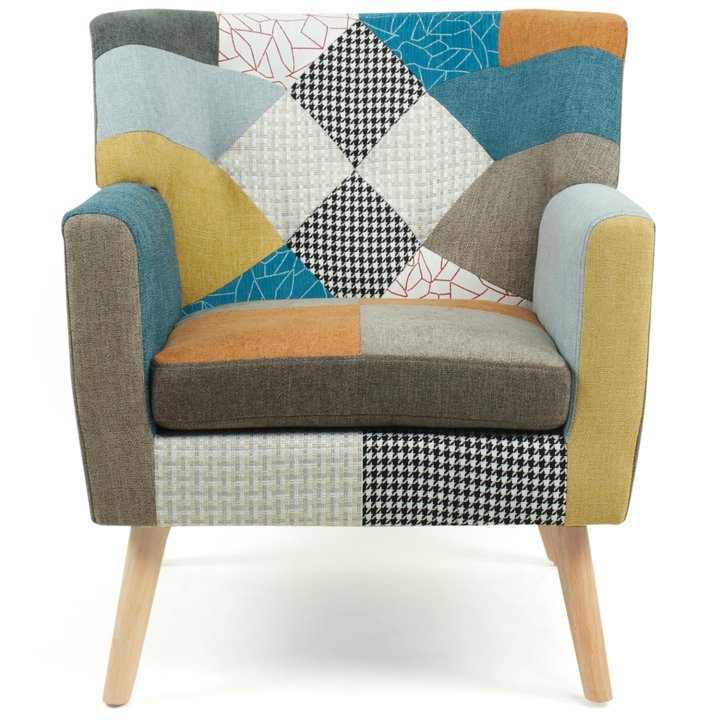 Fauteuil scandinave LIV en tissu patchwork multicouleur