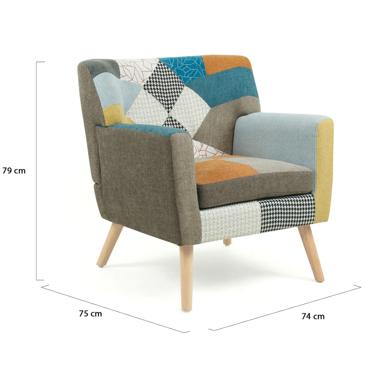 Fauteuil scandinave LIV en tissu patchwork multicouleur