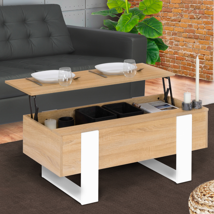 Table basse plateau relevable PHOENIX bois et blanc