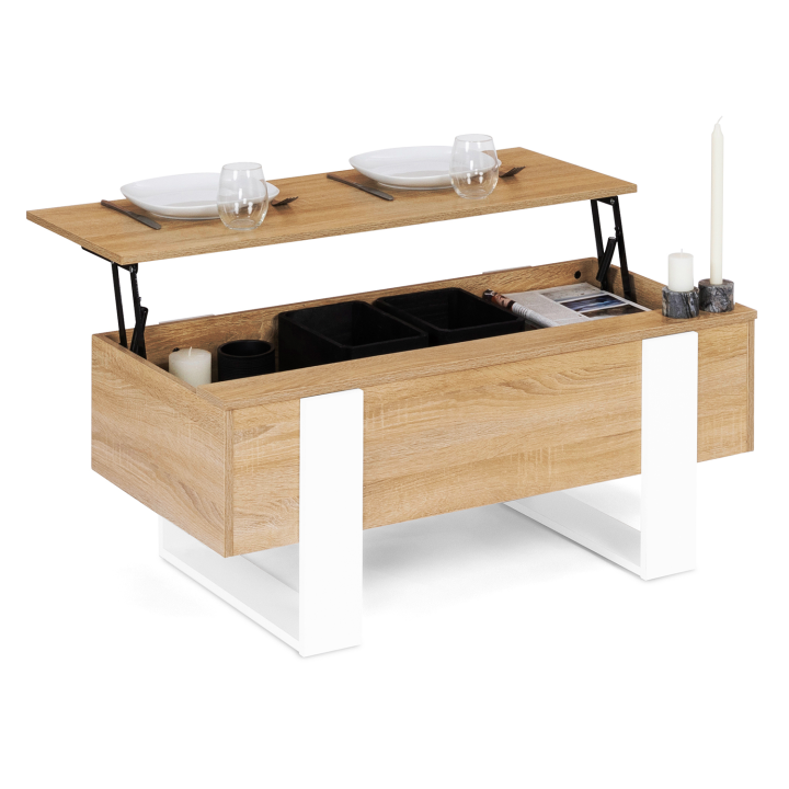 Table basse plateau relevable PHOENIX bois et blanc