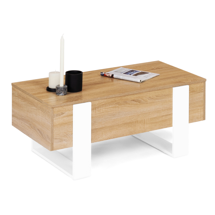 Table basse plateau relevable PHOENIX bois et blanc