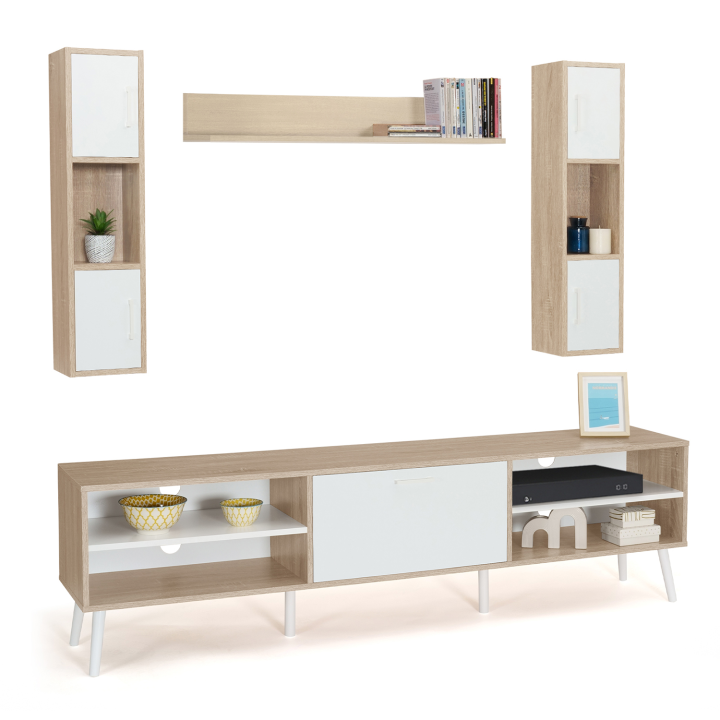 Ensemble meuble TV 180 cm et étagères HOUSTON bois et blanc