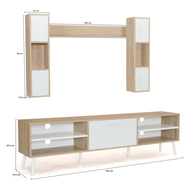 Ensemble meuble TV 180 cm et étagères HOUSTON bois et blanc