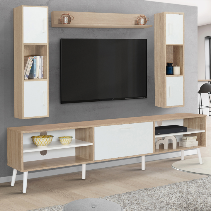 Ensemble meuble TV 180 cm et étagères HOUSTON bois et blanc