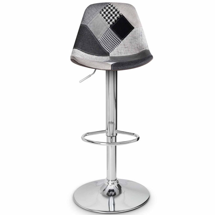 Lot de 2 tabourets de bar KARL design patchworks noirs, gris et blancs pied chromé