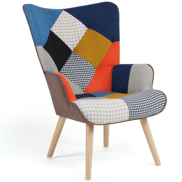 Fauteuil scandinave IVAR en tissu patchwork multicouleurs et imprimé pied de poule