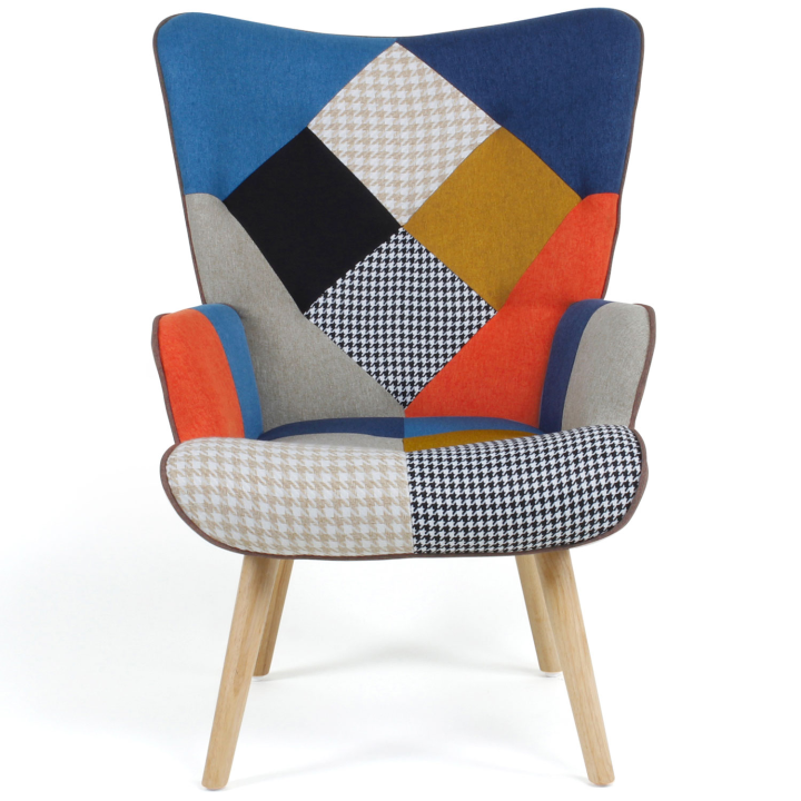 Fauteuil scandinave IVAR en tissu patchwork multicouleurs et imprimé pied de poule