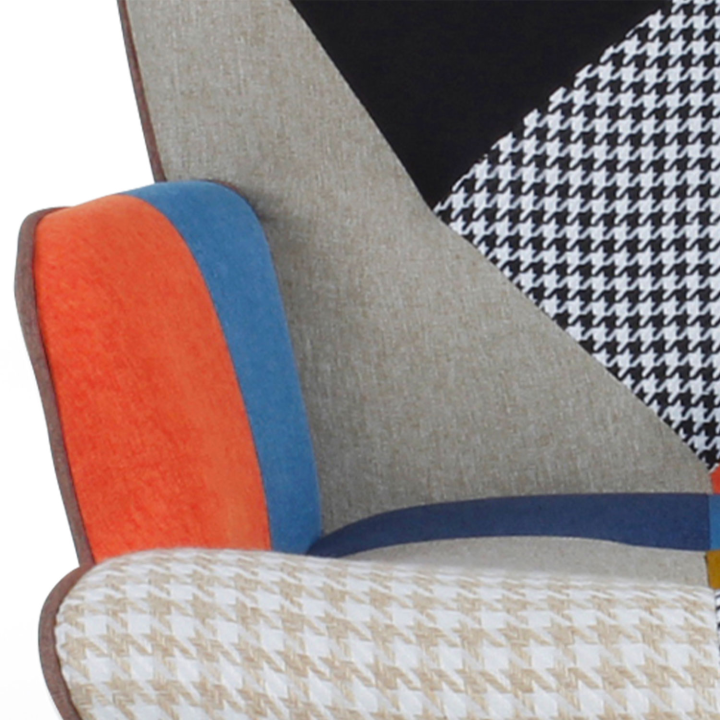 Fauteuil scandinave IVAR en tissu patchwork multicouleurs et imprimé pied de poule