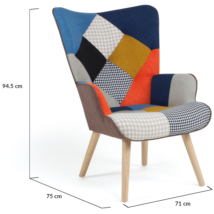 Fauteuil scandinave IVAR en tissu patchwork multicouleurs et imprimé pied de poule