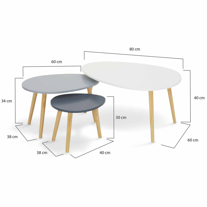 Lot de 3 tables basses gigognes GAIA laquées blanc / gris scandinave