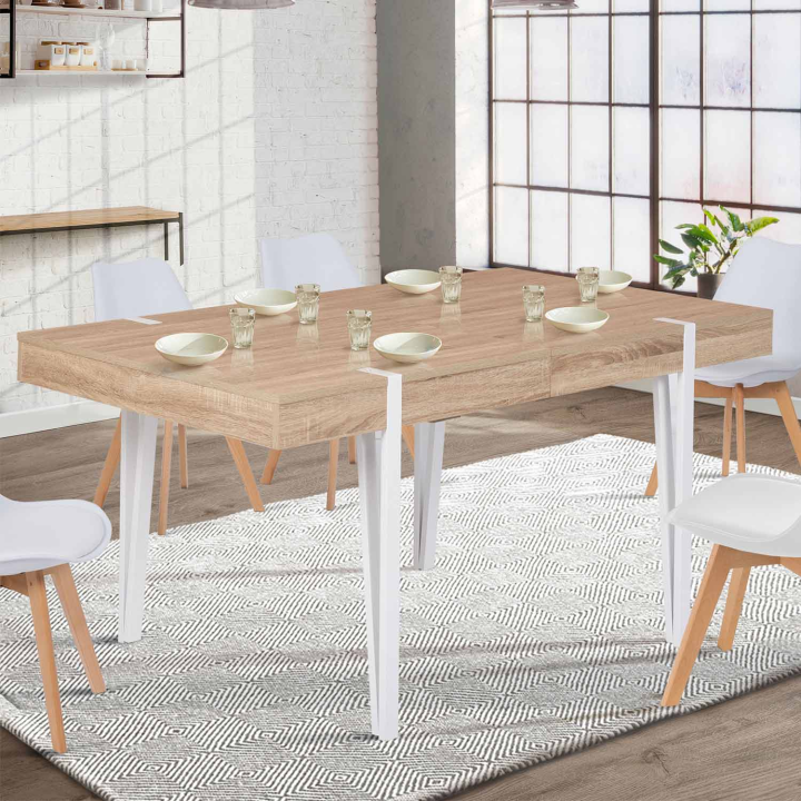 Table à manger extensible rectangle AUSTRIA 6-10 personnes bois pied épingle blanc 160-200 cm