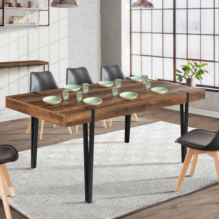 Table à manger extensible rectangle AUSTRIA 6-10 personnes bois pied épingle noir 160-200 cm