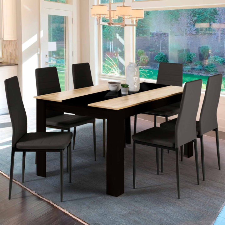 Mesa de comedor para 6 personas en negro y imitación de haya - GEORGIA | ID Market