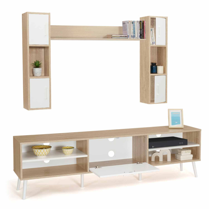 Ensemble meuble TV 180 cm et étagères HOUSTON bois et blanc