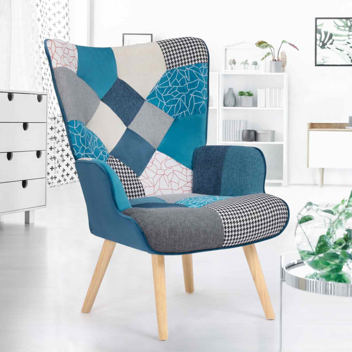 Scandinavische patchworkfauteuil, blauw - IVAR | ID Market