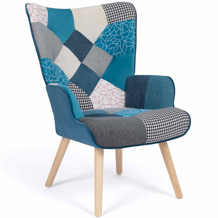 Fauteuil scandinave IVAR en tissu patchwork et velours bleu