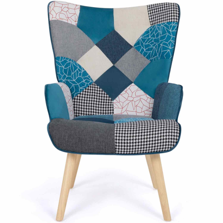 Fauteuil scandinave IVAR en tissu patchwork et velours bleu