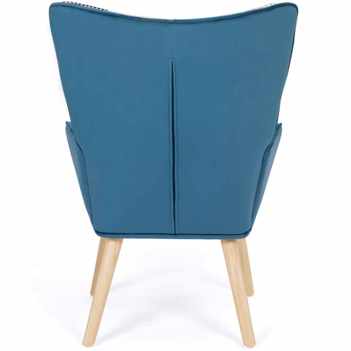 Fauteuil scandinave IVAR en tissu patchwork et velours bleu