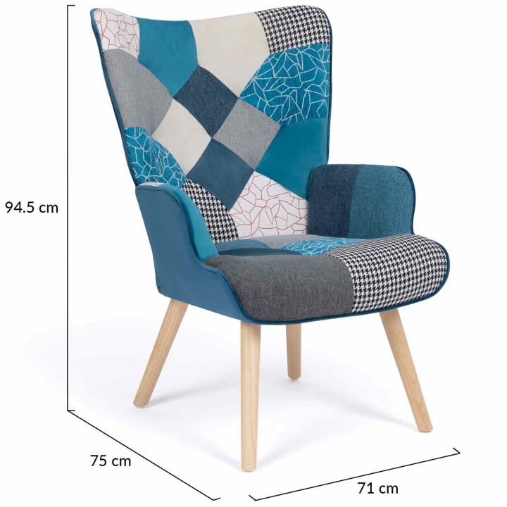 Fauteuil scandinave IVAR en tissu patchwork et velours bleu