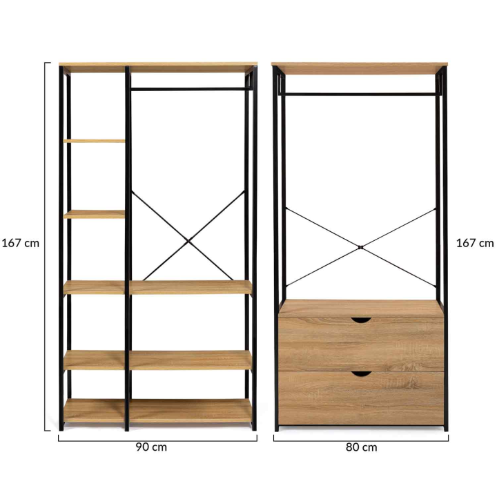 Dressing modulable double penderie étagères et 2 tiroirs DETROIT design industriel