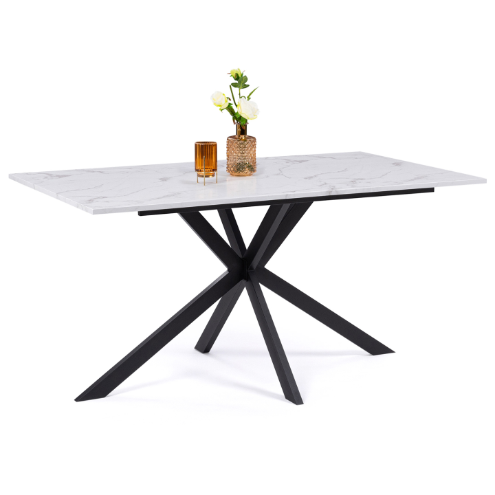 Table à manger rectangle ALIX 8 personnes pied araignée métal noir et plateau effet marbre blanc ALASKA 160 cm