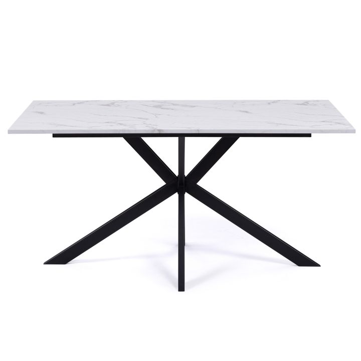 Table à manger rectangle ALIX 8 personnes pied araignée métal noir et plateau effet marbre blanc ALASKA 160 cm