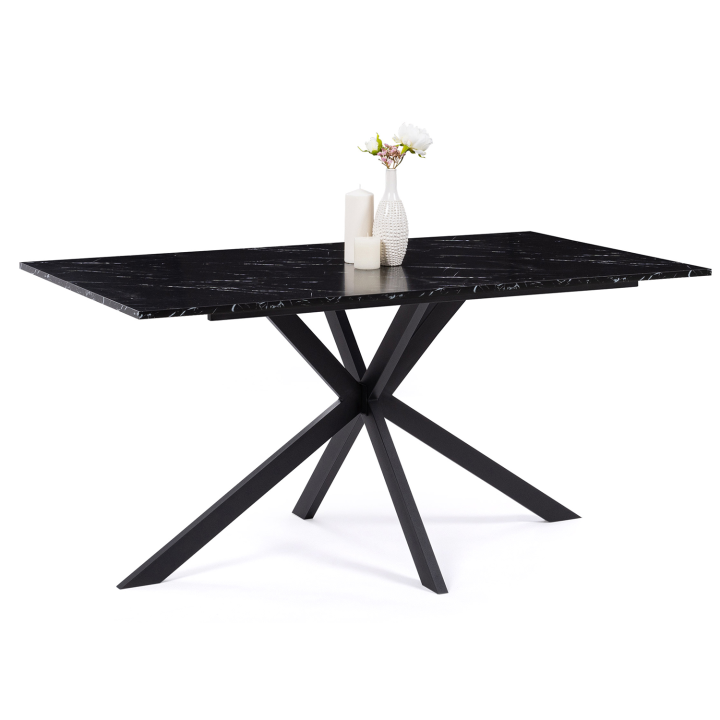 Table à manger rectangle ALIX 8 personnes pied araignée métal noir et plateau effet marbre noir ALASKA  160 cm