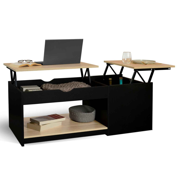 Table basse double plateau relevable EYLA avec coffre bois noir et façon hêtre