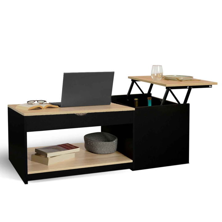 Table basse double plateau relevable EYLA avec coffre bois noir et façon hêtre