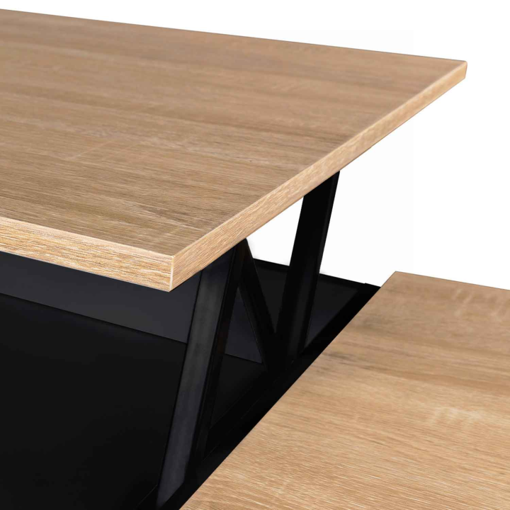 Table basse double plateau relevable EYLA avec coffre bois noir et façon hêtre