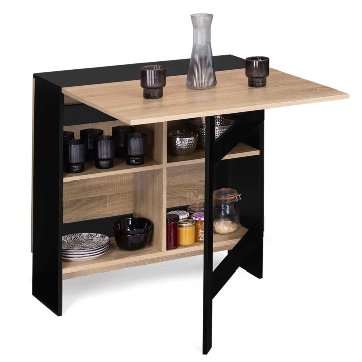 Table console pliable EDI 2-6 personnes avec rangements bois noir plateau façon hêtre 150 x 80 cm