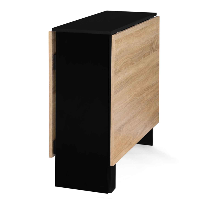 Table console pliable EDI 2-6 personnes avec rangements bois noir plateau façon hêtre 150 x 80 cm