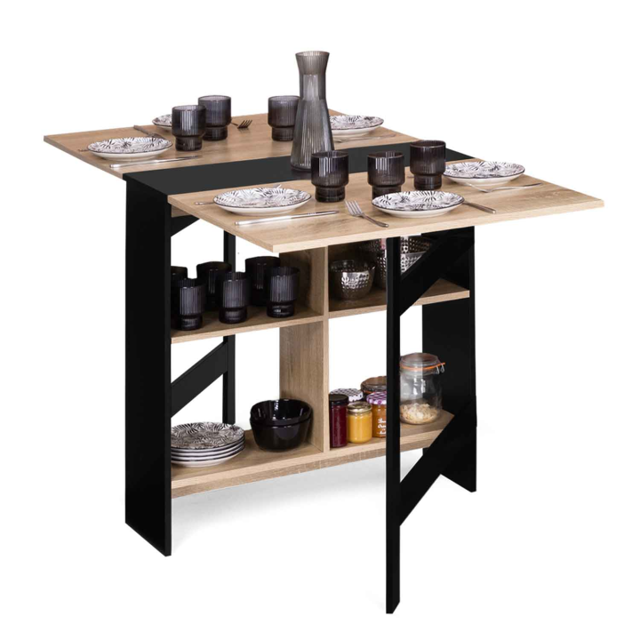 Table console pliable EDI 2-6 personnes avec rangements bois noir plateau façon hêtre 150 x 80 cm