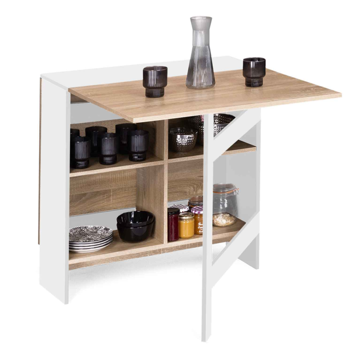 Table console pliable EDI 2-6 personnes avec rangements bois blanc plateau façon hêtre 150 x 80 cm