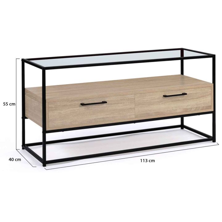 Meuble TV 113 cm SOLANO 2 tiroirs plateau en verre et pied métal design industriel