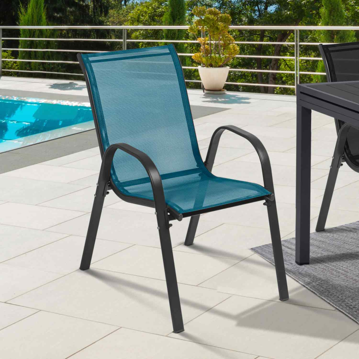 Lot de 6 chaises de jardin LYMA métal et textilène empilables gris, noir et bleu