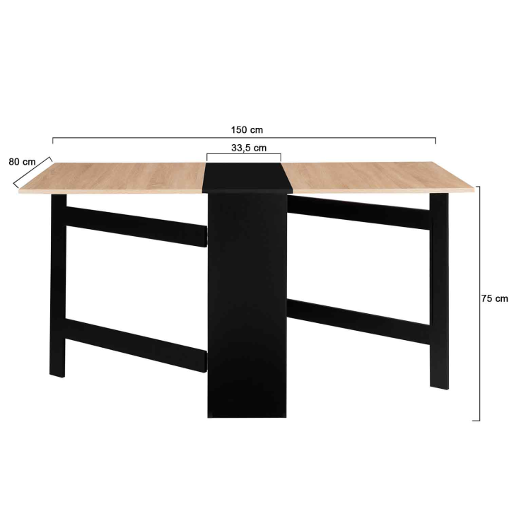 Table console pliable EDI 2-6 personnes avec rangements bois noir plateau façon hêtre 150 x 80 cm