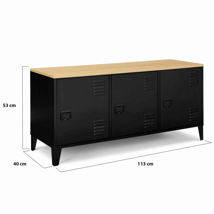 Buffet bas 113 cm ESTER 3 portes métal noir plateau bois design industriel