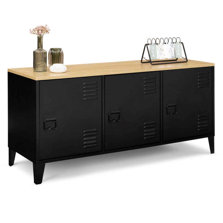 Buffet bas 113 cm ESTER 3 portes métal noir plateau bois design industriel