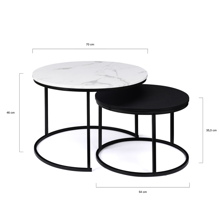 Lot de 2 tables basses gigognes ALASKA rondes 54/70 effet marbre et noir pied métal