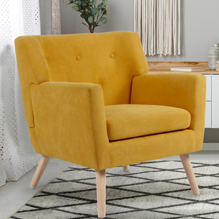 Fauteuil scandinave en tissu jaune moutarde