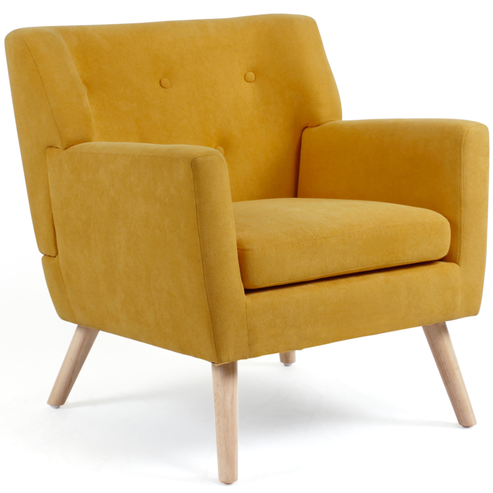 Fauteuil scandinave en tissu jaune moutarde