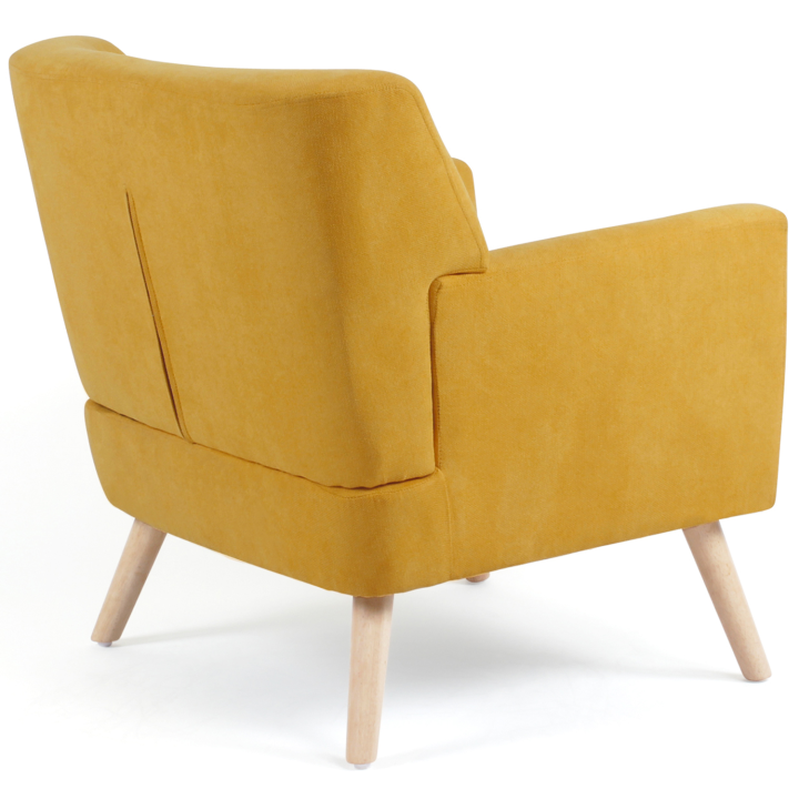 Fauteuil scandinave en tissu jaune moutarde