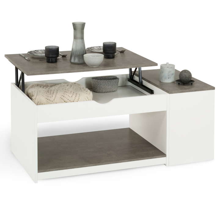 Table basse plateau relevable ELEA avec coffre bois blanc et effet béton