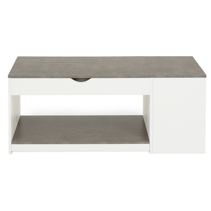 Table basse plateau relevable ELEA avec coffre bois blanc et effet béton